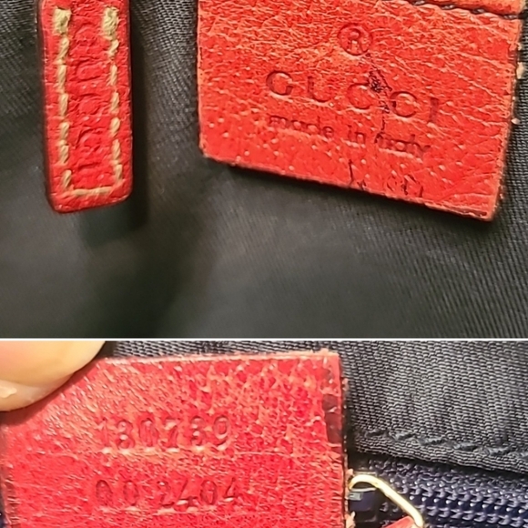 GUCCI VINTAGE 90'S ABBEY TAN CANVAS W NAVY GG DIAMANTE, RED LEATHER/GOLD HRDWR - Picture 12 of 14